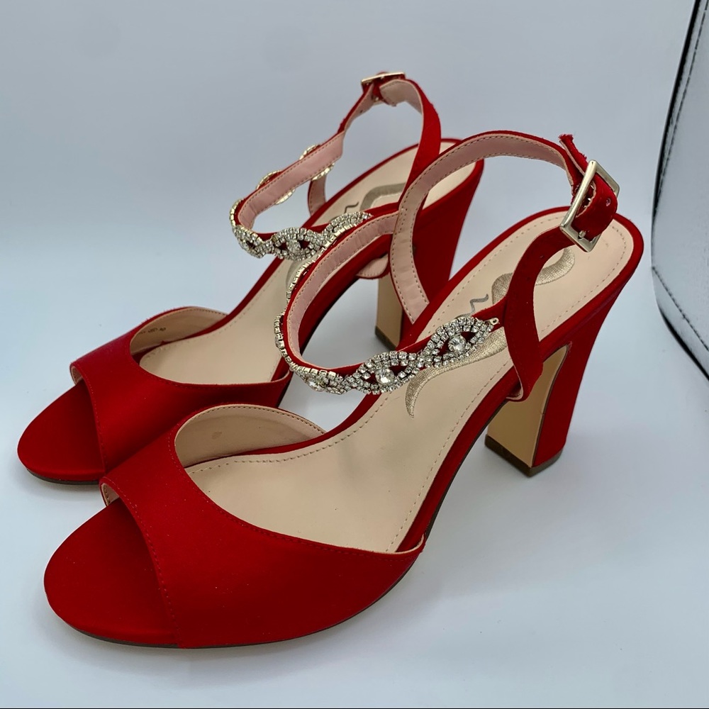 Nina Red Satin Heels with Jeweled Ankle Straps
